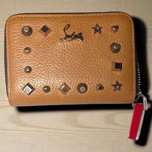 Christian Louboutin Leather Tan & Silver Studded Wallet w/a Bold Red Interior
